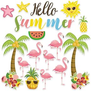56 Pcs 12“ Hello Summer Bulletin Board Decorations Tropical Colorful Accents Set Paper Cutouts Wall Decals with Glue Point Dots for Teacher Student Classroom Decorations Back to School Party Supplie