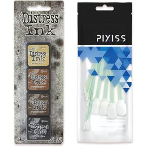 Tim Holtz Distress Oxide Ink Pads and Pixiss Foam Blending Brush Tools - 1"x1" Stamp Pads Antique Linen, Vintage Photo, Walnut Stain, Black Soot for Card Making Tools and Scrapbooking Supplies