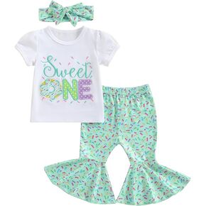 Honganda Baby Girl First Birthday Outfit Sweet One Embroidery T-shirt Top Donut Flared Pants with Headband Summer Clothes Set