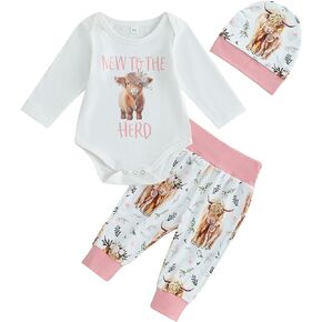 Western Baby Girl 3Pcs Fall Clothes Set Long Sleeve New To The Herd Romper Cow Print Pants Newborn Coming Home Outfits