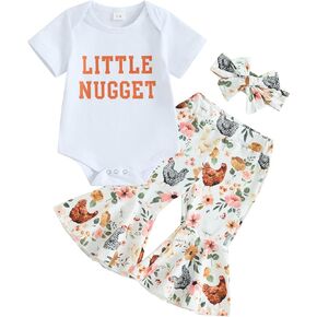 Baby Girl Summer Outfit Little Nugget Short Sleeve Romper Farm Chicken Flare Pants Headband 3 Piece Clothes Set