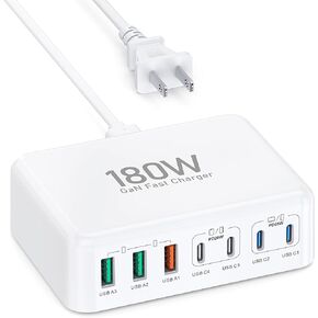 USB C Charger Block, 180W GaN 7 Port Type C Charger Fast Charging Station Wall Charger Power Adapter Wall Plug Cube, Speed Charging Block USB Hub for iPhone 15 14 13 iPad Samsung, 5ft Extension Cord
