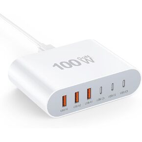 شاحن USB C بقوة 100 وات، محطة شحن بـ 6 منافذ لشاحن حائط سريع من النوع Apple من النوع C، كابل USB كتلة محول محور صغير، قابس مكعب لهاتف iPhone 15/14/13/11، Pro، iPad، سماعات الأذن، Samsung Galaxy S24/S23/S22