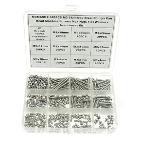 MCMASKE 850PCS M1 M1.2 M1.4 M1.6 M2 Metric Stainless Steel Phillips Pan Head Machine Screws Nuts Assortment Kit