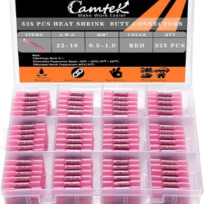Camtek 525PCS Heat Shrink Wire Connectors, 22-10 AWG Marine Grade Heat Shrink Butt Connectors, Waterproof Electrical Wire Terminals Kit Insulated Ring Fork Spade Butt Splices for Automotive Boat Truck