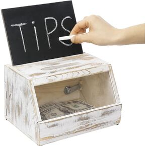 MyGift Shabby Whitewashed Solid Wood Suggestion Box with Lock, Interchangable Chalkboard and Acrylic Sign Holders, Comment Box Ballot Tip Collection School Fundrasing Dropbox
