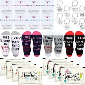 Funtery 32 Pcs Teacher Appreciation Gift Set, Including 8 Pcs Cosmetic Bags, 8 Pcs key chains, 8 Pcs Blessing Card Bracelets, 8 Pairs of Socks for Women, End of Year Graduation, Teacher's Day