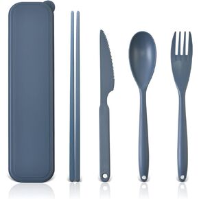 Reusable Travel Utensils Set with Case, Large Plastic Silverware Set for Adults Kids Lunch Accessories, Portable Camping Flatware Cutlery Set with Chopsticks for Daily Use(Dark Blue) in Saudi Arabia