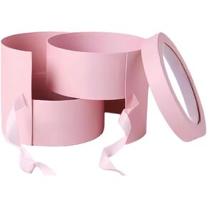 BBJ WRAPS Pink Flower Round Box with Lid for Floral Arrangements, Double Layers Rotating Drawer Flower Bouquet Paper Gift Boxes Packaging, 1 Set, 7.5"(D) x 6.5"(H) (Pink)