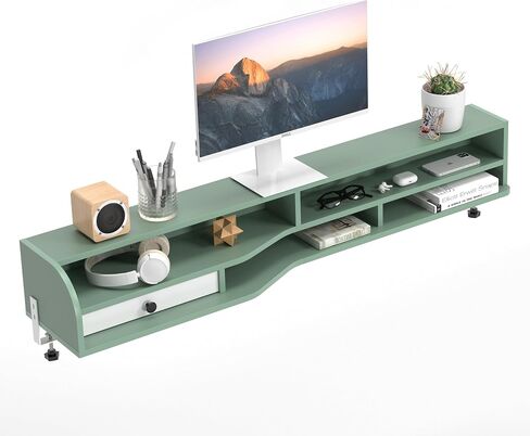 Okin Clamp-on 53" Desk Shelf Organizer, 2 Tier Computer Monitor Stand Riser with Drawer, Wood Desktop Bookshelf with Storage, Green Table Hutch for Top of Desk in Saudi Arabia