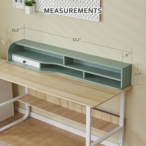 Okin Clamp-on 53" Desk Shelf Organizer, 2 Tier Computer Monitor Stand Riser with Drawer, Wood Desktop Bookshelf with Storage, Green Table Hutch for Top of Desk in Saudi Arabia