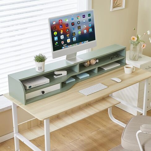 Okin Clamp-on 53" Desk Shelf Organizer, 2 Tier Computer Monitor Stand Riser with Drawer, Wood Desktop Bookshelf with Storage, Green Table Hutch for Top of Desk in Saudi Arabia