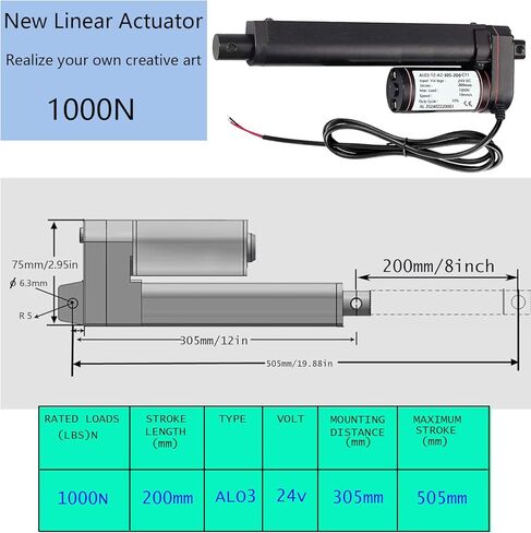 مشغل خطي URANT 24 فولت 8 بوصة، محرك خطي عالي السرعة 1000 نيوتن 10 مم/ثانية مع دعامة تثبيت ومفتاح مقاوم للماء لفتحة باب كهربائي للمنزل (200 مم) in Kuwait