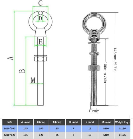 2-Pack M10x120mm 316 Stainless Steel Eye Bolt,Shoulder Eye Bolts 3/8"X 5" with Nuts and Open Spring Washer and Flat Washer,Thread Lifting Ring Heavy Duty Eyebolt for Wire Rope and Rigging Hardware in Saudi Arabia