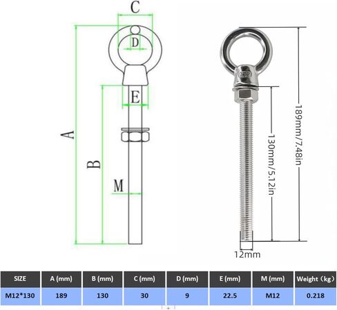 2-Pack M10x120mm 316 Stainless Steel Eye Bolt,Shoulder Eye Bolts 3/8"X 5" with Nuts and Open Spring Washer and Flat Washer,Thread Lifting Ring Heavy Duty Eyebolt for Wire Rope and Rigging Hardware in Saudi Arabia