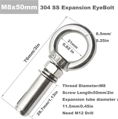 Floyutin 6 عبوات من الفولاذ المقاوم للصدأ M8x50MM توسيع مسمار العين مجمعة مع صامولة العين حلقة مرساة 50 مم برغي الموضوع in Kuwait