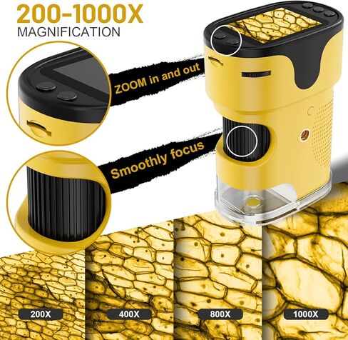 مجهر رقمي محمول من LAKWAR للأطفال والكبار، مجهر محمول بجيب 200 ~ 1000X مع مجموعة شرائح، حقيبة حمل وبطاقة SD صغيرة 32 جيجا، التقاط الصور والفيديو مع شاشة HD 2 بوصة (أصفر) in Kuwait