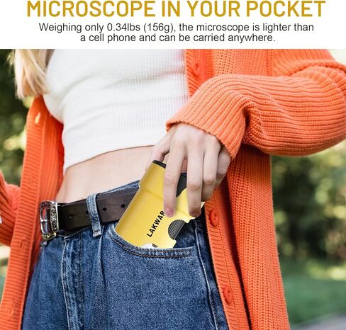 مجهر رقمي محمول من LAKWAR للأطفال والكبار، مجهر محمول بجيب 200 ~ 1000X مع مجموعة شرائح، حقيبة حمل وبطاقة SD صغيرة 32 جيجا، التقاط الصور والفيديو مع شاشة HD 2 بوصة (أصفر) in Kuwait