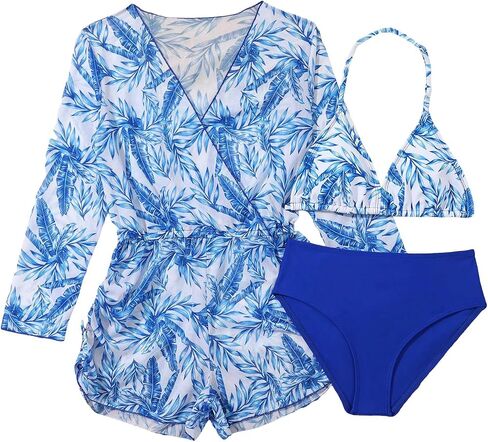 Milumia Girl's 3 Piece Tropical Print Bikini Swimsuits Halter Top Bathing Suits with Coverup in Saudi Arabia