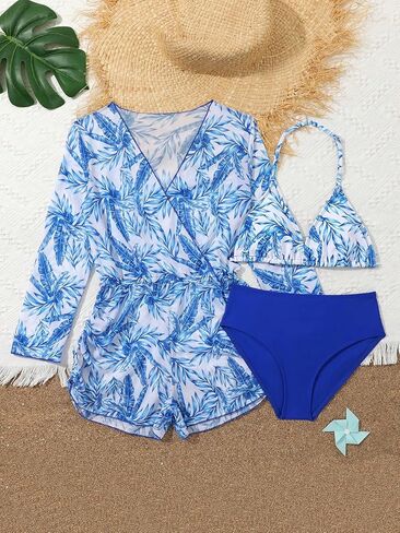 Milumia Girl's 3 Piece Tropical Print Bikini Swimsuits Halter Top Bathing Suits with Coverup in Saudi Arabia