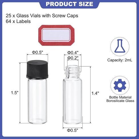 PATIKIL 10ml Clear Glass Vials, 25 Pack Sample Vials with Screw Cap Reagent Media Bottle with Labels Leak-Proof Liquid Sample Glass Vial for Lab Laboratory in Saudi Arabia