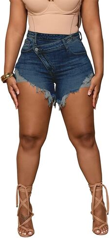 Aomice Women's Crossover High Waisted Denim Shorts Ripped Raw Hem Jean Shorts in Saudi Arabia
