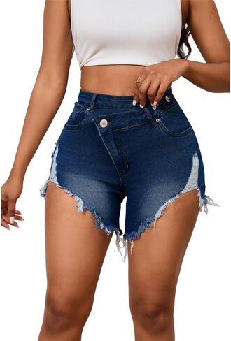Aomice Women's Crossover High Waisted Denim Shorts Ripped Raw Hem Jean Shorts in Saudi Arabia