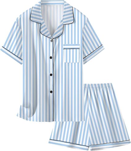 Schbbbta Girls Pajamas Set, Button Down Short Sleeves Satin Shirts Sleepwear 2 Piece silky PJ Sets, New Stripe Blue, 11-12 Years = Tag 160 in Saudi Arabia