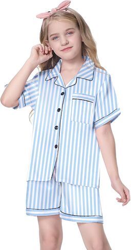 Schbbbta Girls Pajamas Set, Button Down Short Sleeves Satin Shirts Sleepwear 2 Piece silky PJ Sets, New Stripe Blue, 11-12 Years = Tag 160 in Saudi Arabia
