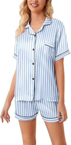 Schbbbta Girls Pajamas Set, Button Down Short Sleeves Satin Shirts Sleepwear 2 Piece silky PJ Sets, New Stripe Blue, 11-12 Years = Tag 160 in Saudi Arabia