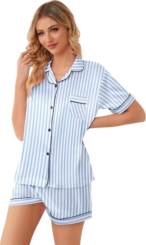 Schbbbta Girls Pajamas Set, Button Down Short Sleeves Satin Shirts Sleepwear 2 Piece silky PJ Sets, New Stripe Blue, 11-12 Years = Tag 160 in Saudi Arabia