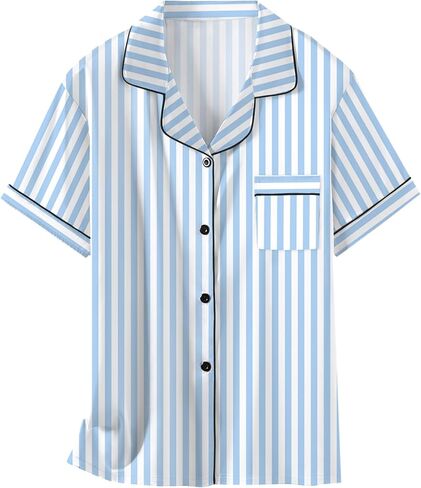 Schbbbta Girls Pajamas Set, Button Down Short Sleeves Satin Shirts Sleepwear 2 Piece silky PJ Sets, New Stripe Blue, 11-12 Years = Tag 160 in Saudi Arabia