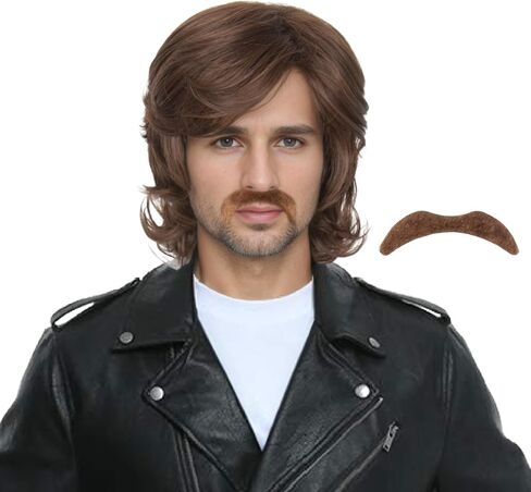 Miss U Hair Men Brown Curly Wig Medium Length Center Part Wig with Bangs Party Cosplay Wig 1970s Rocker Wig in Saudi Arabia