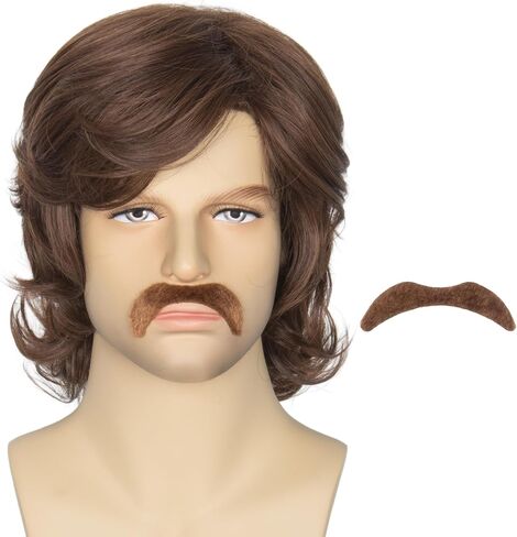 Miss U Hair Men Brown Curly Wig Medium Length Center Part Wig with Bangs Party Cosplay Wig 1970s Rocker Wig in Saudi Arabia