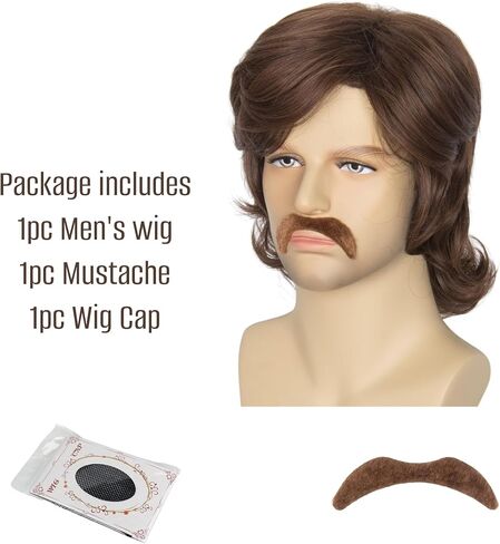 Miss U Hair Men Brown Curly Wig Medium Length Center Part Wig with Bangs Party Cosplay Wig 1970s Rocker Wig in Saudi Arabia