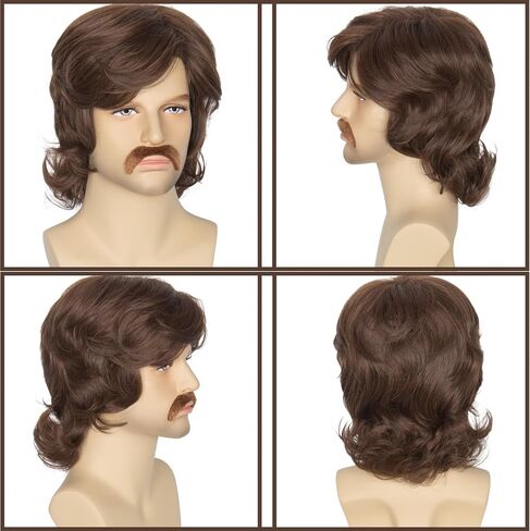 Miss U Hair Men Brown Curly Wig Medium Length Center Part Wig with Bangs Party Cosplay Wig 1970s Rocker Wig in Saudi Arabia