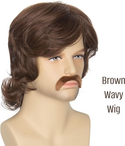 Miss U Hair Men Brown Curly Wig Medium Length Center Part Wig with Bangs Party Cosplay Wig 1970s Rocker Wig in Saudi Arabia
