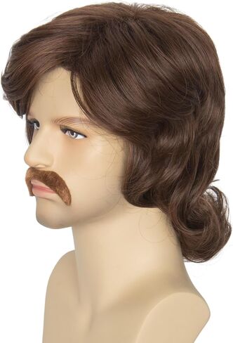 Miss U Hair Men Brown Curly Wig Medium Length Center Part Wig with Bangs Party Cosplay Wig 1970s Rocker Wig in Saudi Arabia