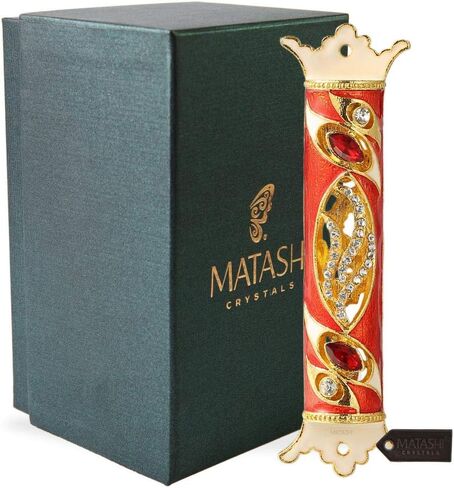 4.5" Hand Painted Mezuzah Embellished with a Royal Red Design 24K Gold Plated and Red and Clear Crystals by Matashi in Saudi Arabia