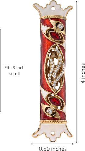 4.5" Hand Painted Mezuzah Embellished with a Royal Red Design 24K Gold Plated and Red and Clear Crystals by Matashi in Saudi Arabia