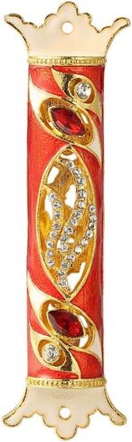 4.5" Hand Painted Mezuzah Embellished with a Royal Red Design 24K Gold Plated and Red and Clear Crystals by Matashi in Saudi Arabia