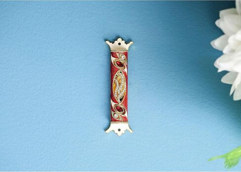 4.5" Hand Painted Mezuzah Embellished with a Royal Red Design 24K Gold Plated and Red and Clear Crystals by Matashi in Saudi Arabia