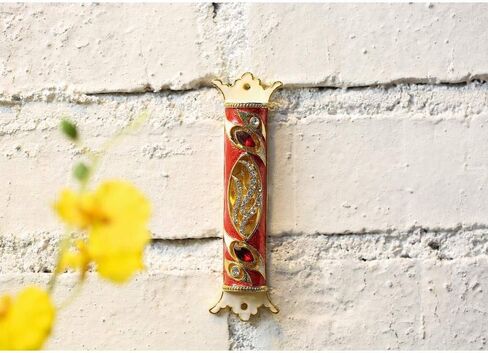 4.5" Hand Painted Mezuzah Embellished with a Royal Red Design 24K Gold Plated and Red and Clear Crystals by Matashi in Saudi Arabia