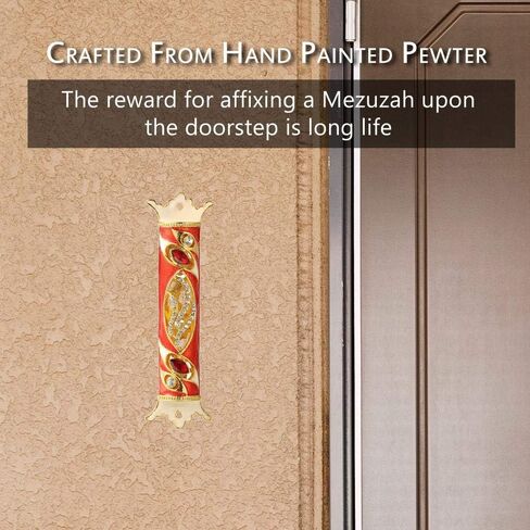 4.5" Hand Painted Mezuzah Embellished with a Royal Red Design 24K Gold Plated and Red and Clear Crystals by Matashi in Saudi Arabia