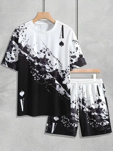 GORGLITTER Men's 2 Piece Outfits Graphic Print Half Sleeve Round Neck Tee Tops and Drawstring Waist Shorts Set in Saudi Arabia