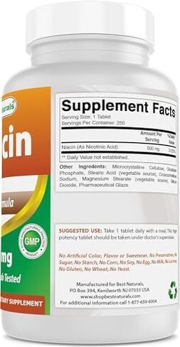 Best Naturals Niacin 500mg 250 Tablets with Flushing - Also Called Vitamin B3 (250 Count (Pack of 2)) in Saudi Arabia