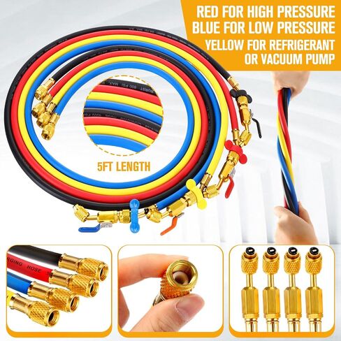 Threlaco 4 Pcs 5ft AC Refrigerant Charging Hose Kit with 4 Ball Valve 2 Mini Split Systemdapter Valve Core Remover and Valve Core Apply to R134a R410a R404a R12 R22 R502 R1234yf Refrigerant (4 Colors) in Saudi Arabia