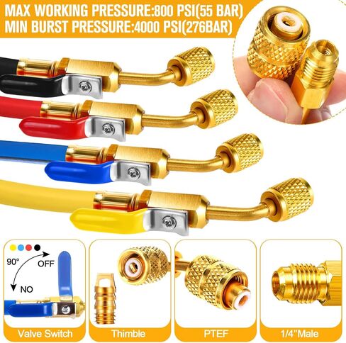 Threlaco 4 Pcs 5ft AC Refrigerant Charging Hose Kit with 4 Ball Valve 2 Mini Split Systemdapter Valve Core Remover and Valve Core Apply to R134a R410a R404a R12 R22 R502 R1234yf Refrigerant (4 Colors) in Saudi Arabia