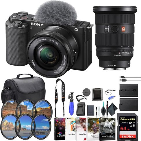 كاميرا Sony ZV-E10 بدون مرآة مع عدسة مقاس 16-50 مم باللون الأسود ILCZV-E10L/B، وعدسة Sony FE مقاس 24-70 مم، وبطاقة ذاكرة سعة 64 جيجابايت، ومجموعة مرشح، وشاحن خارجي، وبطارية NPF-W50، وقارئ بطاقات، والمزيد in Saudi Arabia