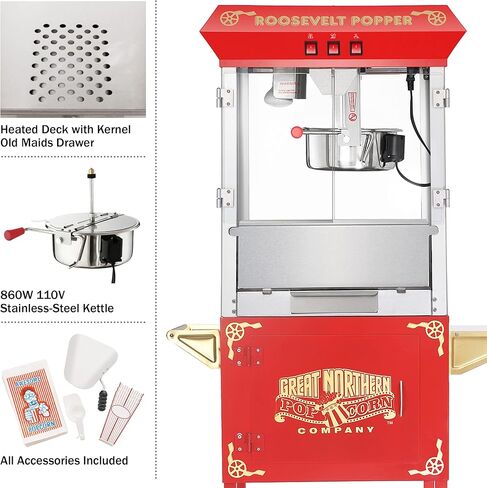 آلة صنع الفشار مع عربة - بوبر سعة 8 أونصة مع غلاية من الفولاذ المقاوم للصدأ، وسطح تسخين مُدفأ، ودرج للخادمات القدامى من شركة Great Northern Popcorn (أحمر) in Kuwait